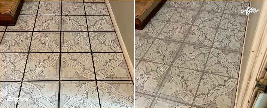 Floor Before and After a Superb Grout Recoloring in Charlotte, NC