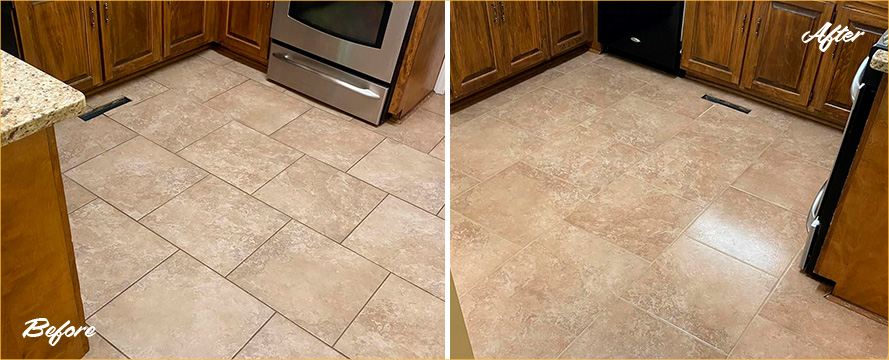 Kitchen Floor Before and After a Grout Cleaning in Indian Trail