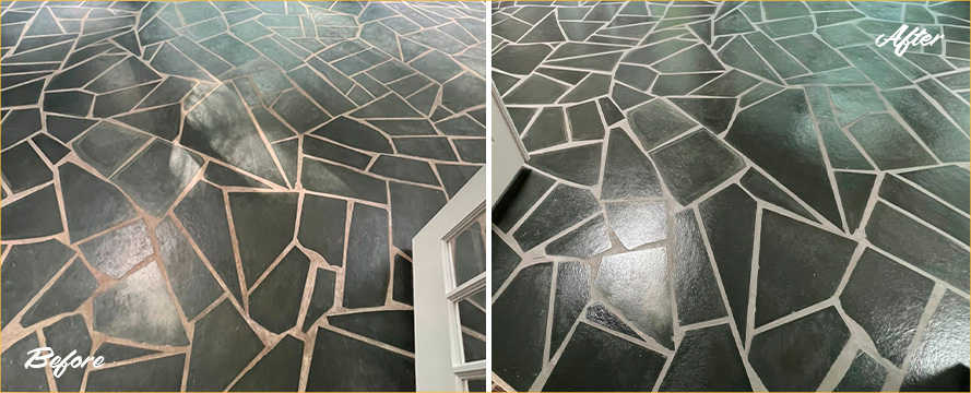 Slate Floor Before and After a Phenomenal Stone Cleaning in Rock Hill, SC