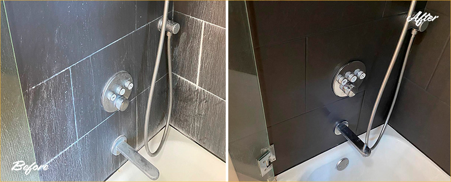 Shower Before and After Our Outstanding Hard Surface Restoration Services in Waxhaw, NC