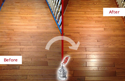 Sir Grout Refinished This Dull Fort Mill Hallway Floor with a Sand Free Refinishing Service Before and After Picture of a Fort Mill Wood Sand Free Refinishing Service on a Dull Hallway