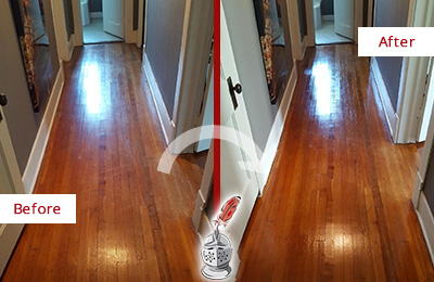 Sir Grout Refinished This Fort Mill Wood Floor with a Sand Free Refinishing Service to Eliminate Scratches Before and After Picture of a Fort Mill Wood Sand Free Refinishing Service on a Floor to Eliminate Scratches