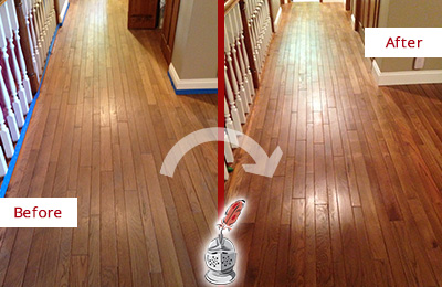 Sir Grout Refinished This Worn Out Fort Mill Wood Floor with a Sand Free Refinishing Service Before and After Picture of a Fort Mill Wood Sand Free Refinishing Service on a Worn Out Floor