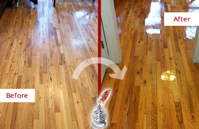 Sir Grout Refinished This Worn Out Fort Mill Hallway Floor with a Sand Free Refinishing Service Before and After Picture of a Fort Mill Wood Sand Free Refinishing Service on a Worn Out Hallway