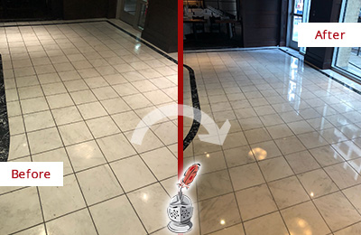 Sir Grout Charlotte Stone Services Help Maintain, Clean, and Polish Building Lobbies and Commercial Offices Stone Surfaces Picture of a Building Marble Entrance Floor Before and After Stone Restoration, Cleaning and Polishing