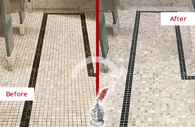 Sir Grout Charlotte Stone Cleaning Services Can Help Repair the Look of this Grimy Hospital's Restroom Before and After Picture of a Hospital Travertine Bathroom Floor Stone Cleaning Service