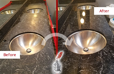 Sir Grout Charlotte Stone Services Are Ideal for Enhancing Restrooms Marble Countertops and Keep Them Perfect All Year Round Picture of an Office Restroom's Marble Countertop Before and After Color Enhancement and Restoration