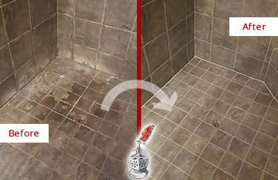 Before and After of Grout Sealing on a Shower to Remove Efflorescence