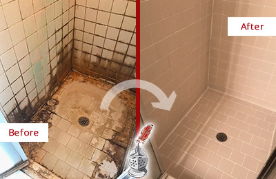 Sir Grout Cleans the Tile and Grout in This Shower to Remove Embedded Grime, Mold and Mildew Effectively Before and After of a Tile and Grout Cleaning in a Grimmy Shower