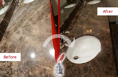 Before and After Picture of a Dull Marble Countertop Cleaned and Sealed to Recover Its Shine