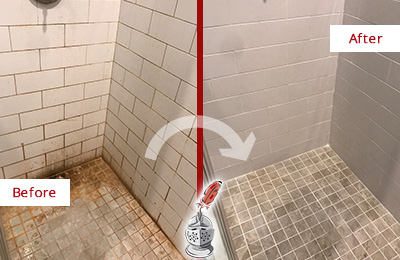 Before and After Picture of a Marvin Shower Tile and Grout Cleaned to Eliminate Mold and Stains