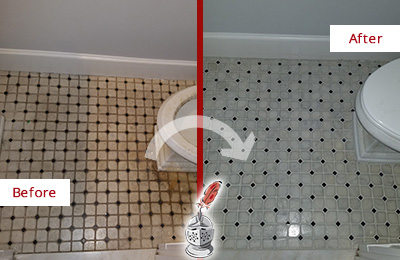 Before and After Picture of a Marvin Bathroom Tile and Grout Cleaned to Remove Stains