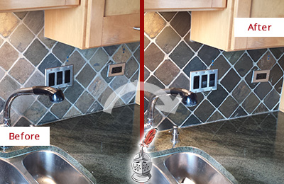 Sir Grout Caulks this Charlotte Backsplash Caulked to Fix and Prevent Water Leaks Before and After Picture of a Charlotte Backsplash Caulked to Fix and Prevent Water Leaks