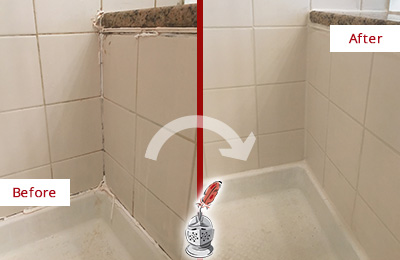 Sir Grout Caulks this Charlotte Shower Caulked to Repair Damaged Caulking Before and After Picture of a Charlotte Shower Caulked to Repair Damaged Caulking