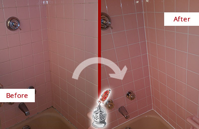 Before and After Picture of a Stallings Bathtub Caulked to Eliminate Mold
