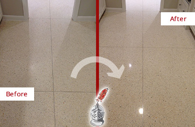 Sir Grout Polishes this Indian Land Granite Stone Floor to Repair Dullness Before and After Picture of a Indian Land Granite Stone Floor Polished to Repair Dullness