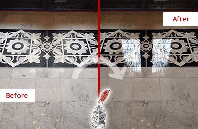 Sir Grout Polishes this Indian Land Marble Stone Floor to a Mirror Shine Before and After Picture of a Indian Land Marble Stone Floor Polished to a Mirror Shine