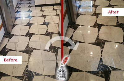 Sir Grout Polishes this Dull Indian Land Marble Stone Floor To Recover Its Luster Before and After Picture of a Dull Indian Land Marble Stone Floor Polished To Recover Its Luster