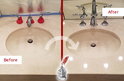 Sir Grout Polishes this Dull Indian Land Marble Stone Vanity Top to Bring-Back Its Sheen Before and After Picture of a Dull Indian Land Marble Stone Vanity Top Polished to Bring-Back Its Sheen