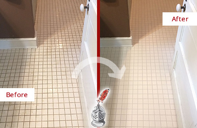 Before and After Picture of a Marvin Bathroom Floor Sealed to Protect Against Liquids and Foot Traffic