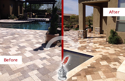 Sir Grout Seals this Faded Lake Wylie Travertine Pool Deck For Extra Protection Before and After Picture of a Faded Lake Wylie Travertine Pool Deck Sealed For Extra Protection