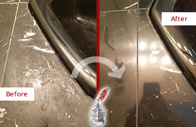 Before and After Picture of a Marvin Marble Countertop Cleaned to Remove Deep Dirt