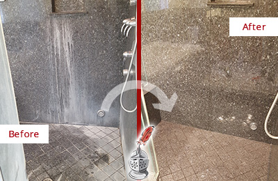 Sir Grout Cleans this Davidson Granite Shower to Remove Mineral Deposits Before and After Picture of a Davidson Granite Shower Cleaned to Remove Mineral Deposits