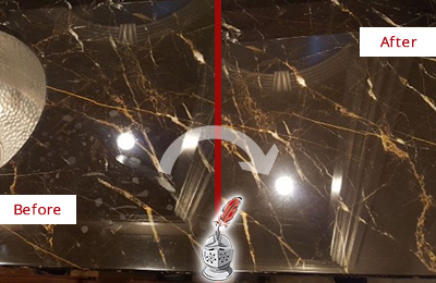 Before and After Picture of a Indian Land Marble Countertop Cleaned to Remove Water Spots