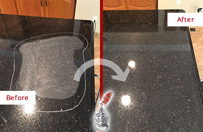 Before and After Picture of a Indian Trail Granite Kitchen Countertop Honed to Eliminate Scratch