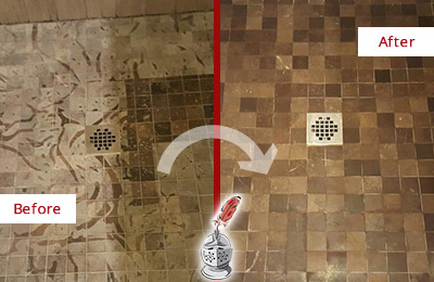 Before and After Picture of a Pineville Marble Shower Honed to Remove Etching