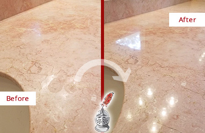Before and After Picture of a Weddington Marble Vanity Top Honed to Eliminate Water Spots