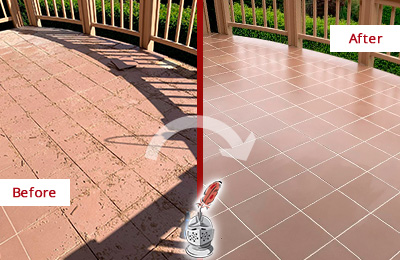 Before and After Picture of a Marvin Hard Surface Restoration Service on a Tiled Deck