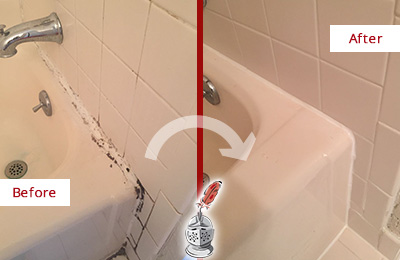 Sir Grout Restored This Charlotte Tile Shower to Repair Damaged Caulking Before and After Picture of a Charlotte Hard Surface Restoration Service on a Tile Shower to Repair Damaged Caulking