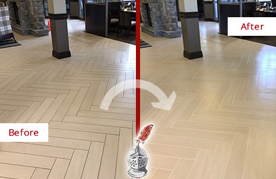 Sir Grout Restored This Charlotte Office Lobby Tile Floor to Remove Embedded Dirt Before and After Picture of a Charlotte Hard Surface Restoration Service on an Office Lobby Tile Floor to Remove Embedded Dirt