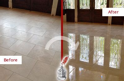 Sir Grout Restored This Charlotte Dull Travertine Floor to Recover Its Splendor with a Stone Polishing Service Before and After Picture of a Charlotte Hard Surface Restoration Service on a Dull Travertine Floor Polished to Recover Its Splendor