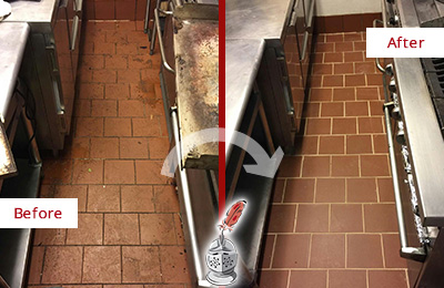 Before and After Picture of a Cornelius Hard Surface Restoration Service on a Restaurant Kitchen Floor to Eliminate Soil and Grease Build-Up