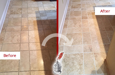 Sir Grout Cleans this Davidson Kitchen Floor's Grout to Recover Its Color Before and After Picture of Davidson Kitchen Floor Grout Cleaned to Recover Its Color