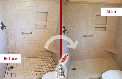 Before and After Picture of a Marvin Shower Grout Cleaned to Remove Mold