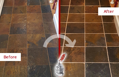Sir Grout Cleans the Grout on this Davidson Slate Floor Before and After Picture of Davidson Slate Floor Grout Cleaned to Remove Dirt