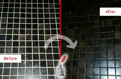 Before and After Picture of a Marvin Black Floor with Recolored Grout
